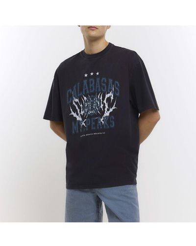 River Island T-shirt Black Oversized Fit Calabasas Graphic Cotton - Blue