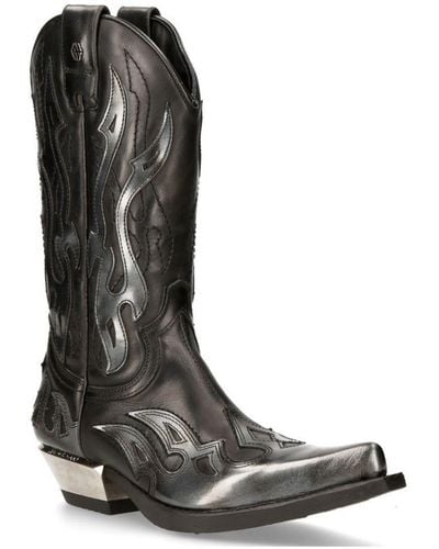 New Rock Flame Accented/ Leather Biker Cowboy Boots- M-7921-S3 - Black