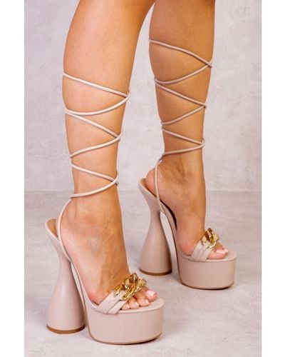 Where's That From Cedra Flared High Heels With Front Chunky Chain Detail & Leg Tie - Pink