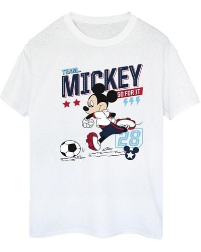 Disney Ladies Mickey Mouse Team Football Cotton Boyfriend T-Shirt () - White