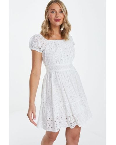 Quiz Broderie Tie Back Mini Dress - White