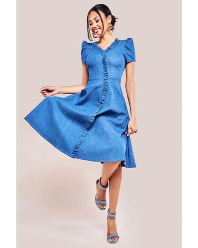 Goddiva Denim Front Frill Flared Midi Dress - Blue
