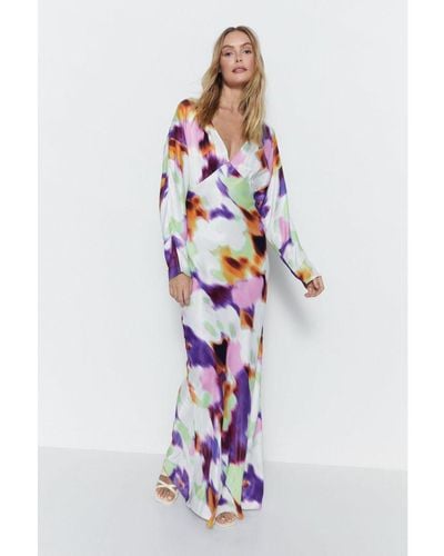 Warehouse Blurred Abstract Print Satin Batwing Dress - White