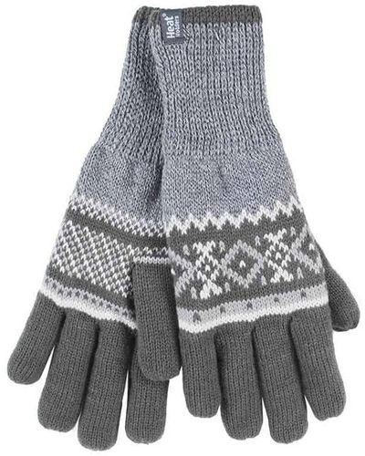 Heat Holders Striped Nordic Fairisle Zig Zag Knitted Fleece Lined Warm Gloves - Grey