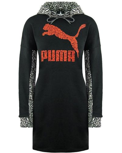 PUMA X Mr. Doodle Long Sleeve Pullover Hooded Jumper Dress 598686 01 Cotton - Black