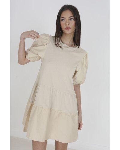 Brave Soul Stone Cotton 'amiest' Puff Sleeve Smock Dress - Natural