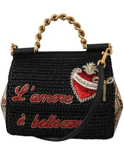 Dolce & Gabbana Vrouwen Zwart Raffia Love And Beauty Tassen Sicily Bag
