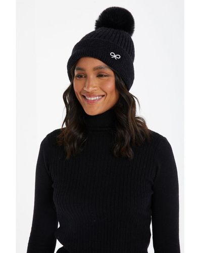 Quiz Knitted Faux Fur Bow Hat - Black