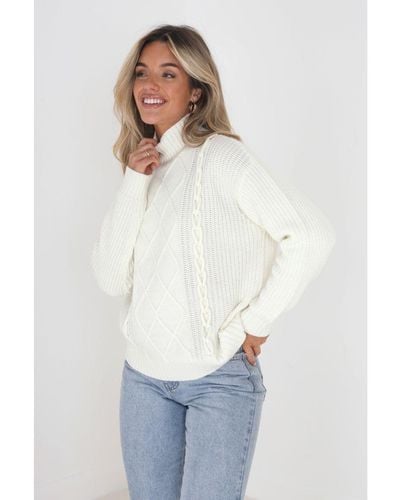 Brave Soul Cream 'tabby' Funnel Neck Cable Knit Jumper - White