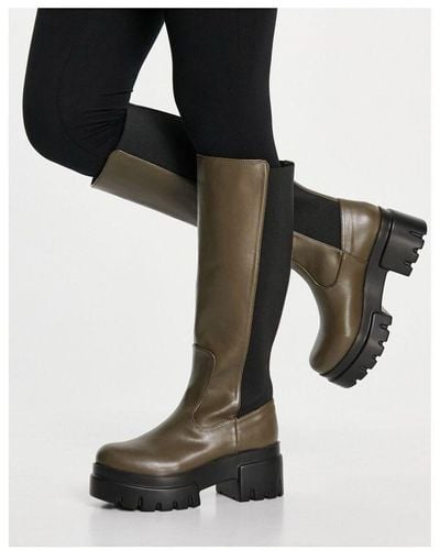 EGO Pulse Pull Up Knee Boots In Khaki - Black
