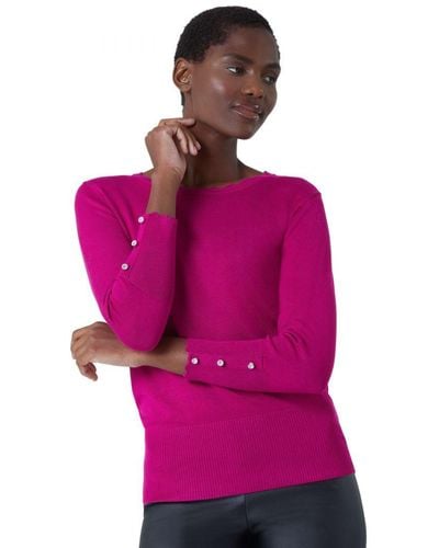 Roman Diamante Button Scallop Edge Jumper - Pink