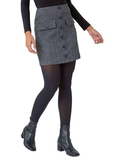 Roman Tweed Look Button Stretch Skirt - Black