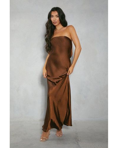 MissPap Premium Satin Bandeau Cowl Back Fishtail Maxi Dress - Brown