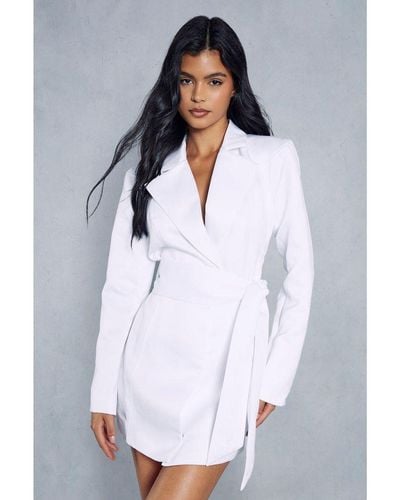 MissPap Tailored Satin Belted Blazer Dress - White