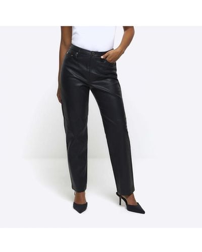 River Island Straight Trousers Petite Faux Leather Pu - Blue