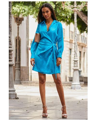 Sosandar Azure Satin Jacquard Wrap Dress - Blue
