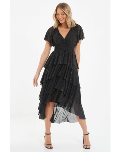 Quiz Glitter Tiered Midi Dress - Black
