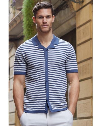 Threadbare 'Coniston' Cotton Mix Striped Short Sleeve Knitted Shirt - Blue