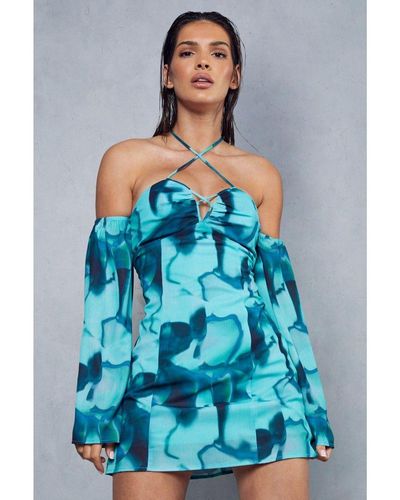 MissPap Abstract Print Halterneck Flare Sleeve Mini Dress - Blue