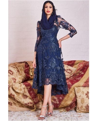 Goddiva Modesty Lace Dipped Hem Midi Dress - Blue