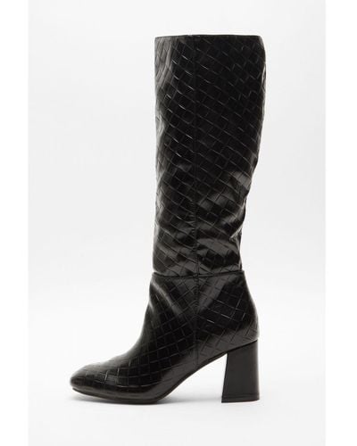 Quiz Faux Leather Textured Knee High Boots - Black