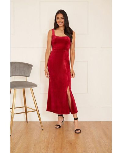 Mela London Velvet Fitted Midi Dress - Red