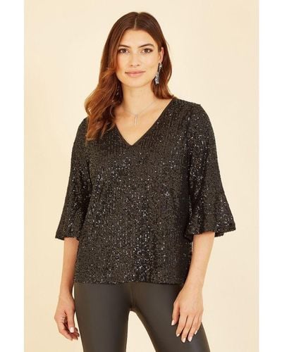 Yumi' Black Sequin Top With Fluted Sleeve