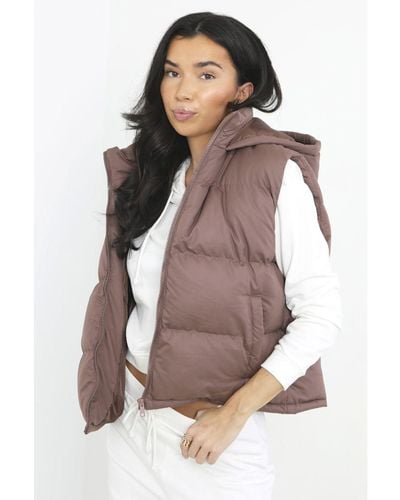Brave Soul 'Mila' Cropped Hooded Padded Gilet - Brown