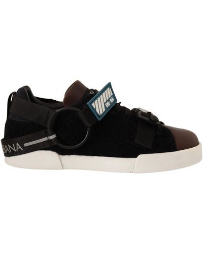 Dolce & Gabbana Low Top Leather Shearling Trainers - Black