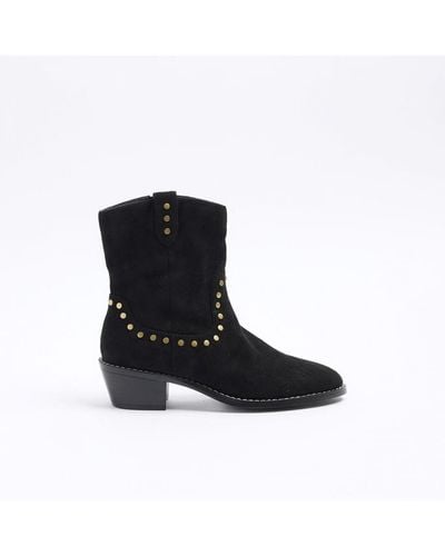 River Island Ankle Boots Brown Studded Western Suedette - Black