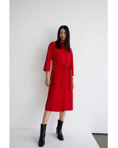 Warehouse Utility Shirt Dress With 3/4 Sleeve - Red