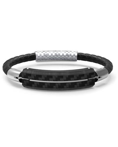 Blue Pearls Pearls Leather And Carbon Plate Bracelet - Black