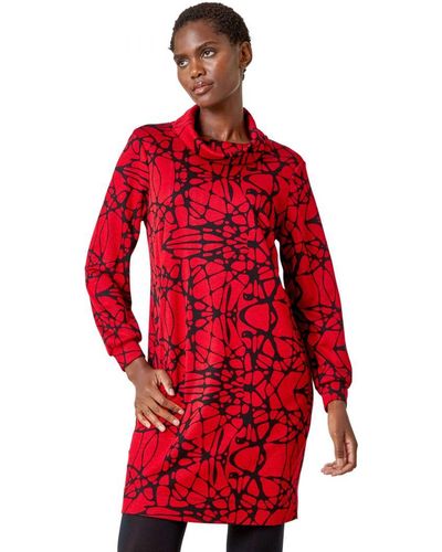 Roman Abstract Cowl Neck Pocket Shift Dress - Red