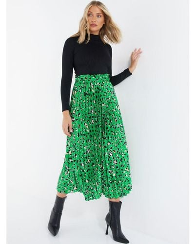 Quiz Green Animal Print Pleated Midi Skirt