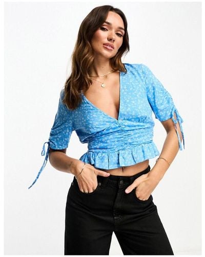 ASOS V Neck Tea Blouse With Ruched Waist Detail And Peplum Hem - Blue