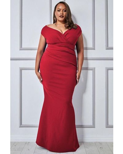 Goddiva Bardot Pleated Maxi Dress - Red