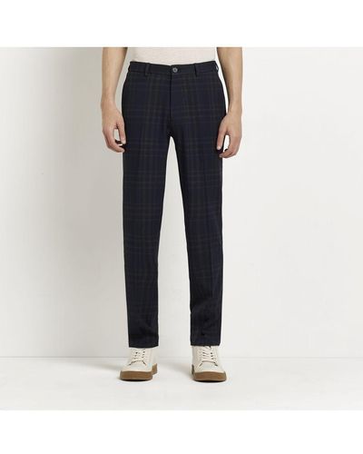 River Island Trousers Navy Slim Fit Check - Blue