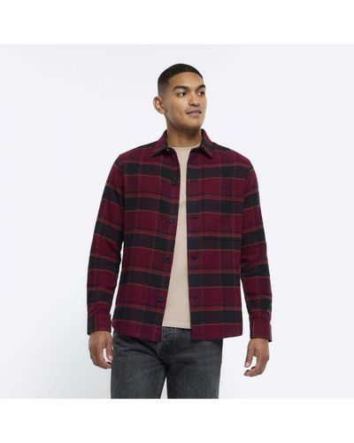 River Island Shirt Regular Fit Check Long Sleeve Cotton - Red