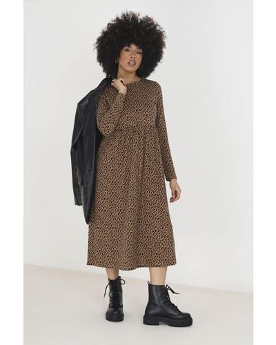 Brave Soul Cotton 'Mandy' Animal Print Long Sleeve Midi Smock Dress - Natural