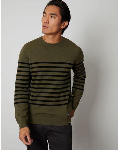 Threadbare Khaki 'erlington' Cotton Striped Crew Neck Jumper - Green