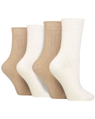 Wildfeet 4 Paar Dames Cashmere Boot Sokken | Ribgebreide Wollen Bed Sokken - Zand - Wit