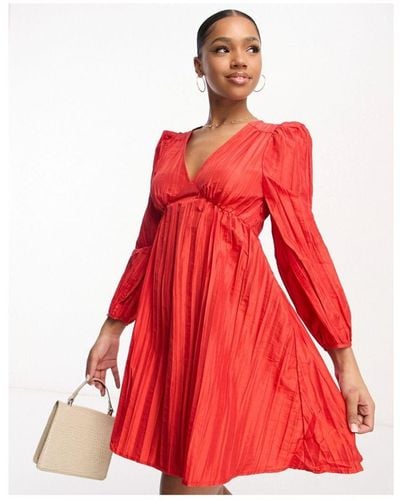 Urban Revivo Long Sleeve V Neck Crinkle Mini Dress - Red