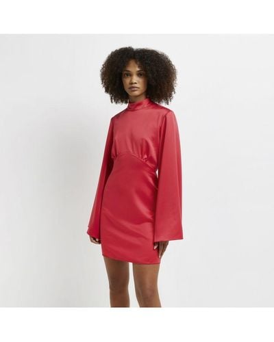 River Island Shift Mini Dress Satin Luna - Red