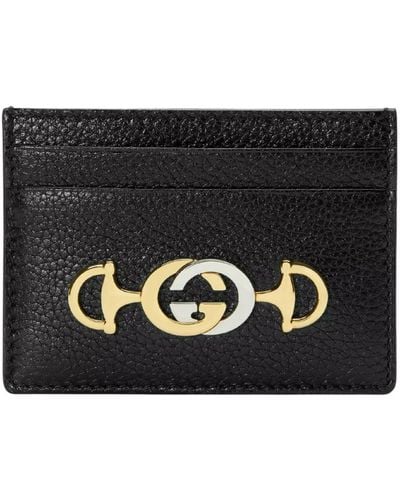 Gucci Dames Zumi Black Leather Card Holder Wallet Metal GG Logo 570679 1000 - Zwart