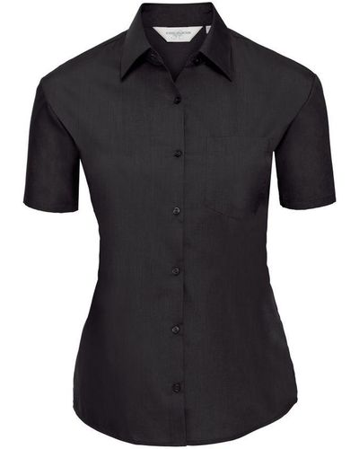 Russell Collection Ladies/ Short Sleeve Poly-Cotton Easy Care Poplin Shirt () - Black