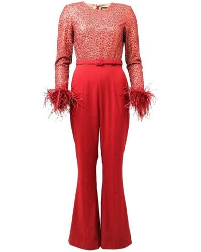 Lavish Alice S Sequin Feather Jumpsuit - Red