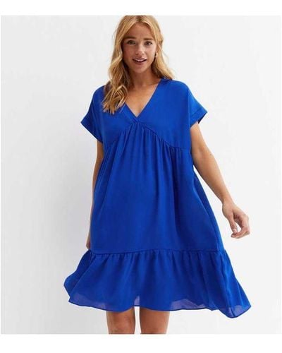 Gini London V-Neck Tiered Mini Smock Dress - Blue
