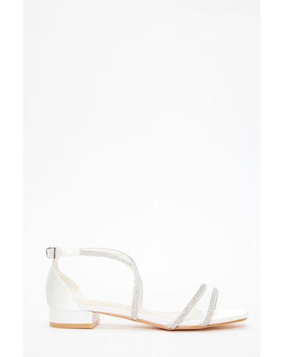 Quiz White Satin Diamante Strappy Flat Sandals