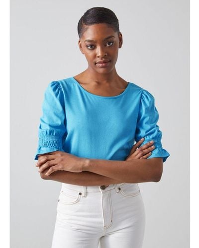 LK Bennett Emily Modal-cotton Shirred Sleeve Top - Blue