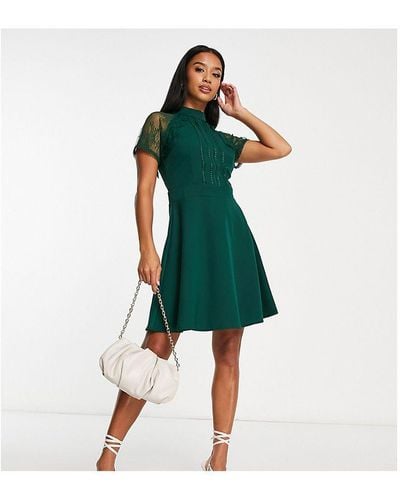 Liquorish Petite A Line Lace Detail Mini Dress - Green